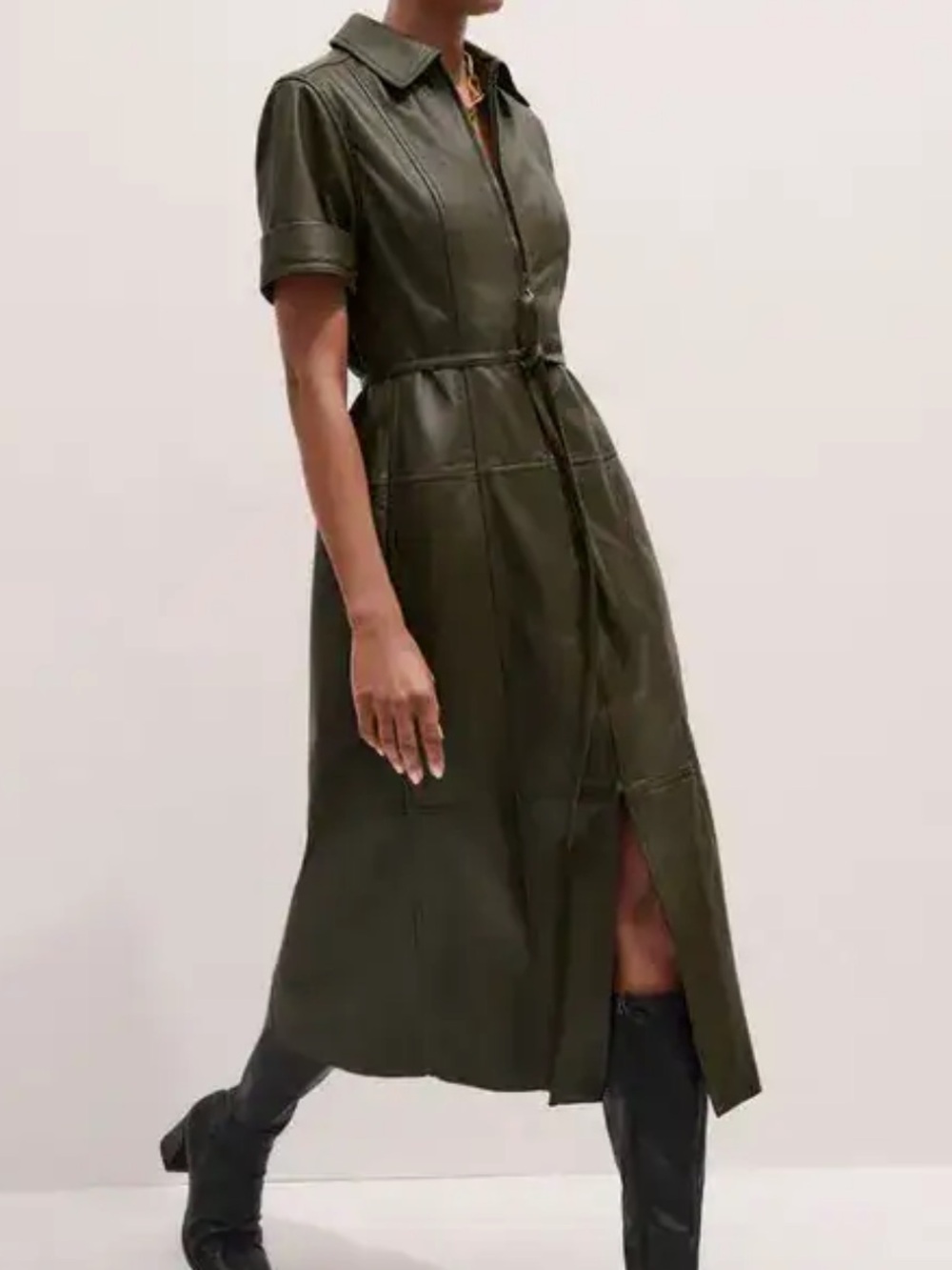 ME + EM FIT AND FLARE MIDI DRESS WITH BELT INTENSE OLIVE - US4